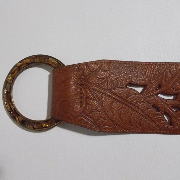 Tooled Leather Womens Belt Stone Buckle Fringe main image 7
